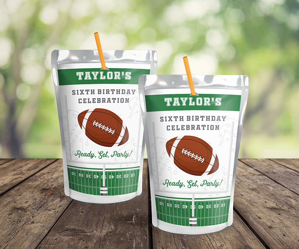 Football birthday juice pouch label in green and gray with a football and field.