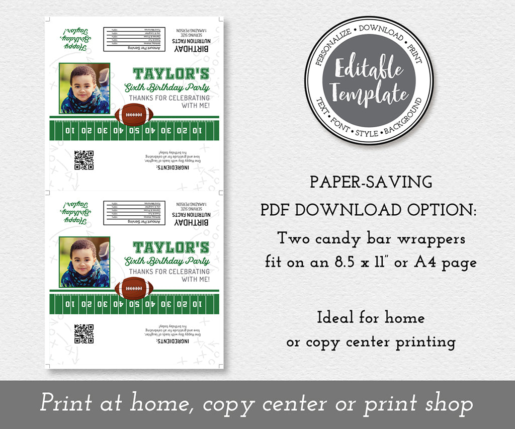 Football birthday party candy bar wrapper template paper saver download option.