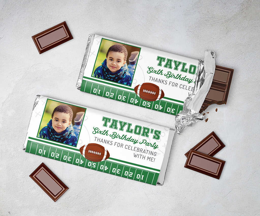 Football birthday personalized candy bar wrappers.