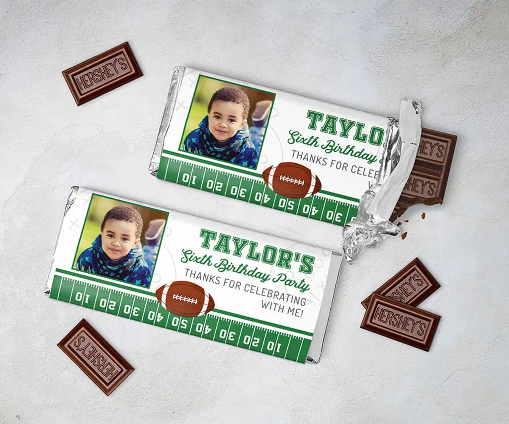 Football birthday party favor candy bar wrappers.