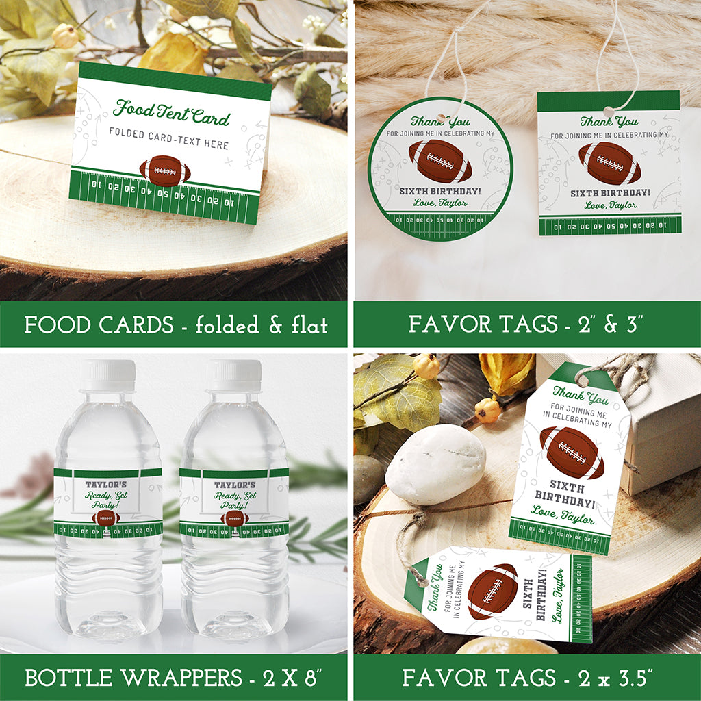 Football birthday party templates including food cards, favor tags, and drink bottle labels.