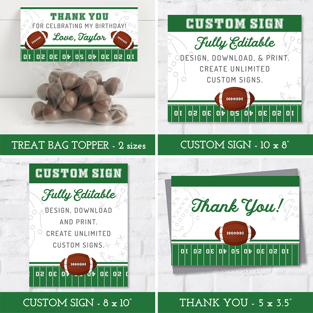 Football birthday party printable templates including treat bag toppers, custom signs and thank you card.