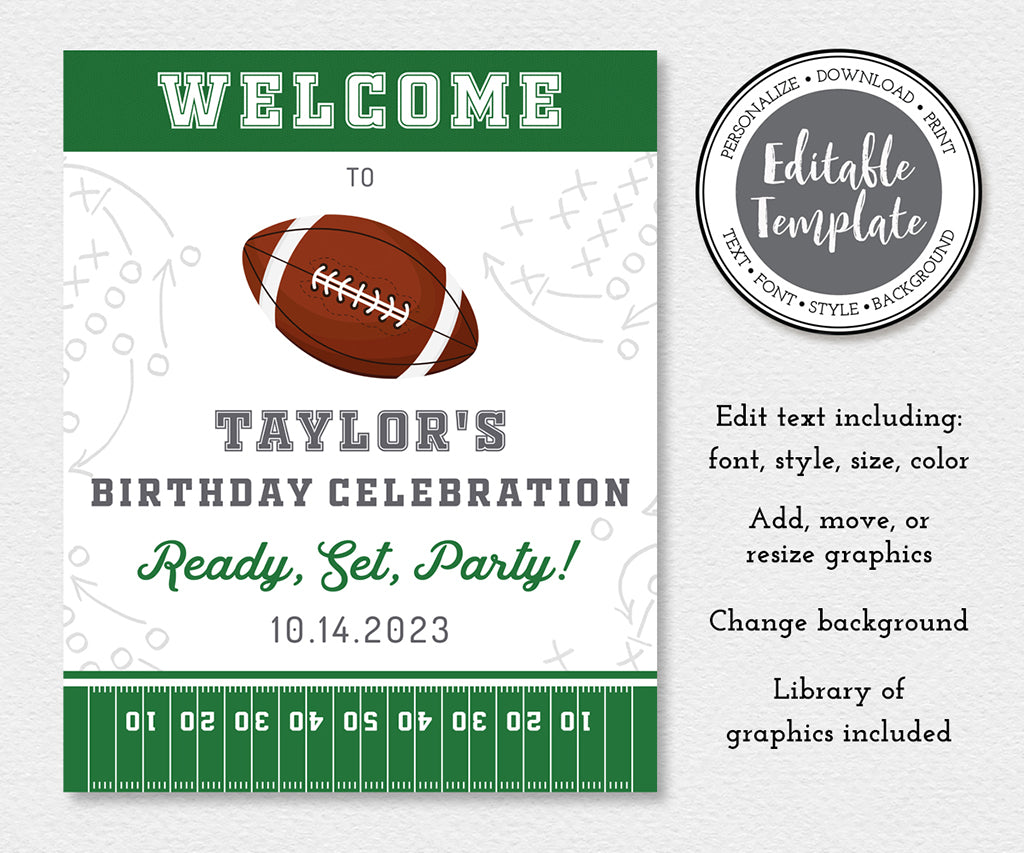Football birthday party welcome sign editable template.