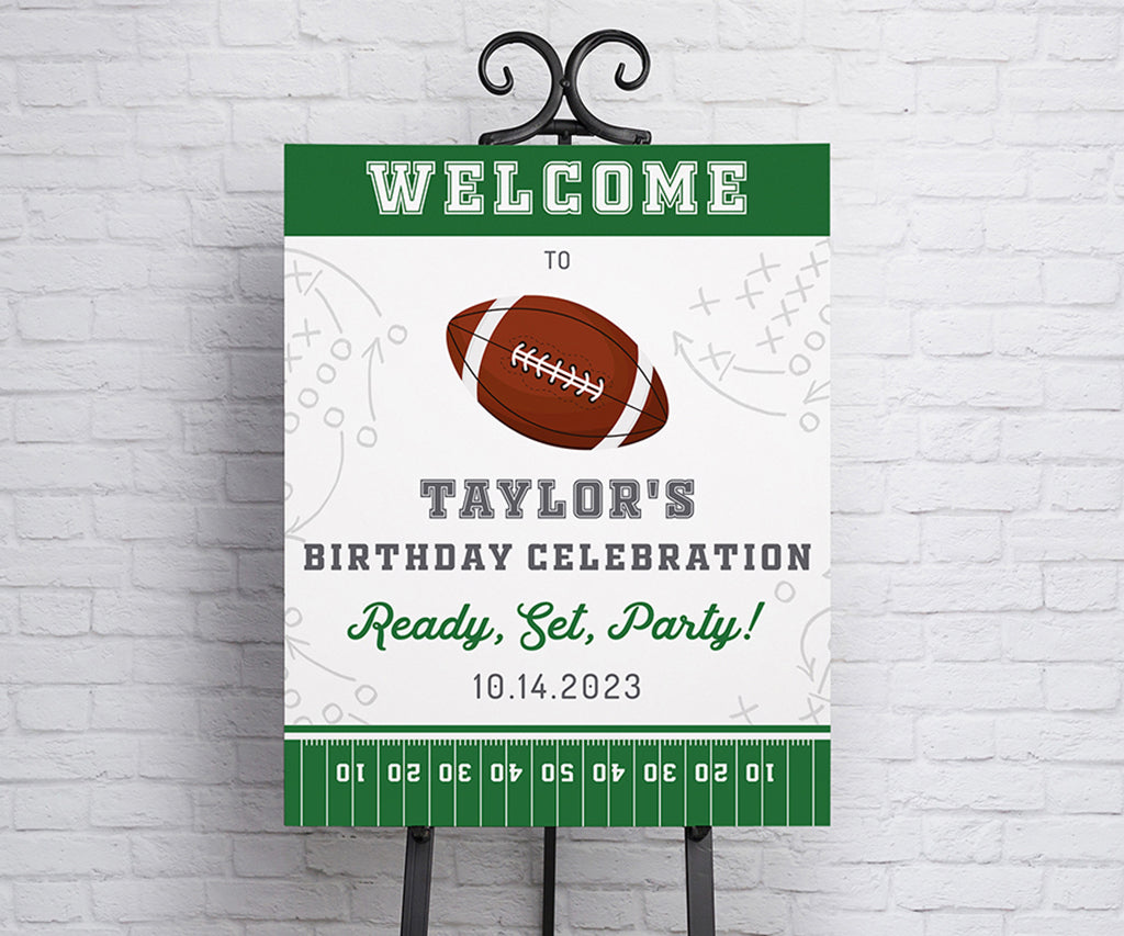 Football birthday party welcome sign in green and gray on an easel.