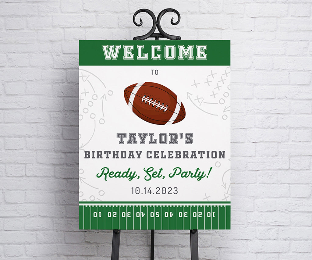 Football birthday party welcome sign.