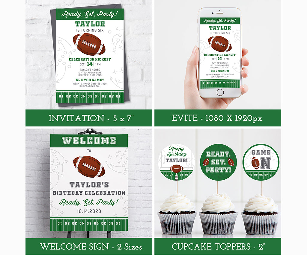 Football birthday printables: invitation, evite, welcome sign, cupcake toppers.