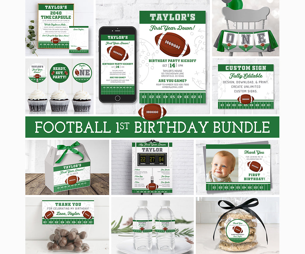 Football first birthday party printables bundle of templates.