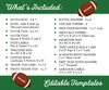 Football 1st birthday printables bundle list of what's included: invitation, tags, signs, decorations.