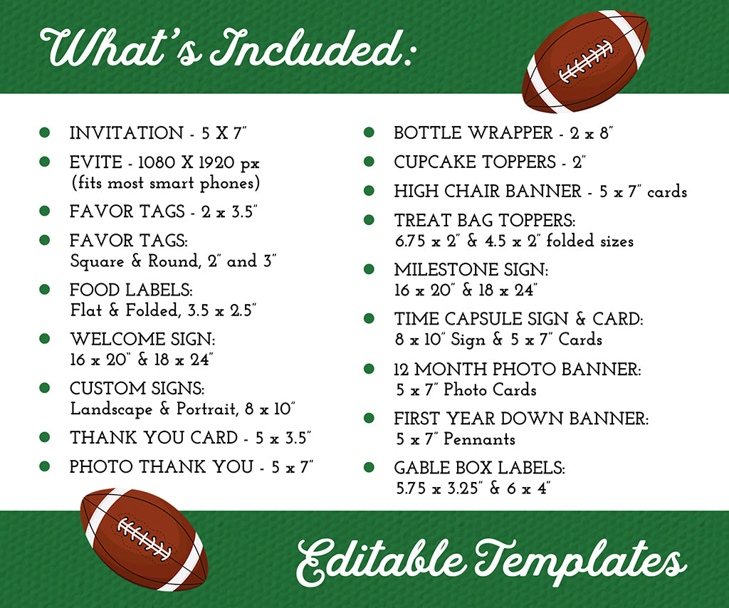 First birthday football printables editable template bundle, what's included.