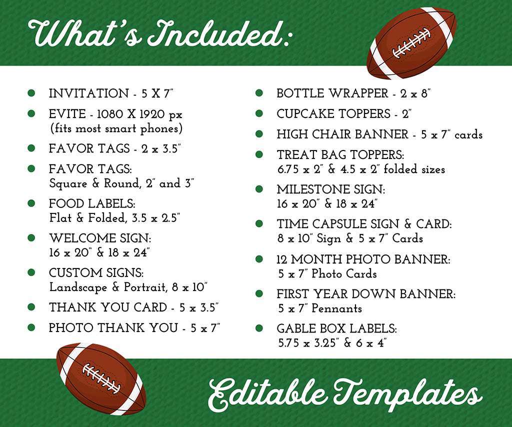 First birthday football printables bundle, what's included.