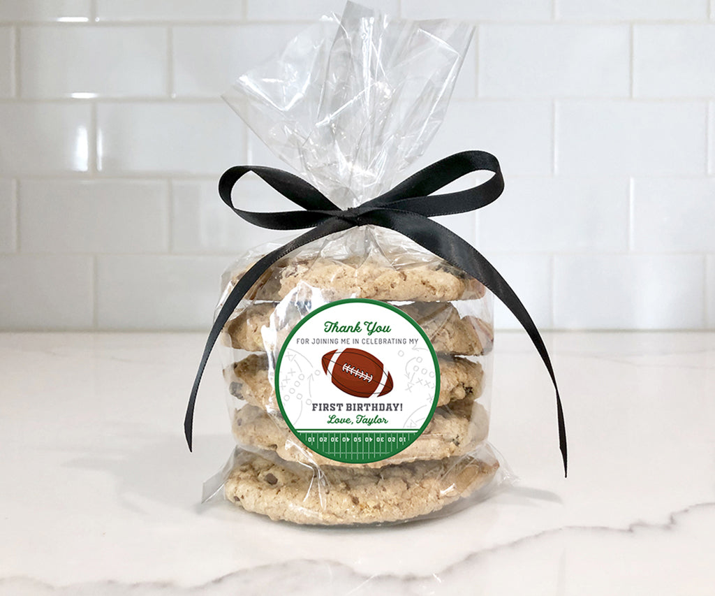 First birthday football round favor label.