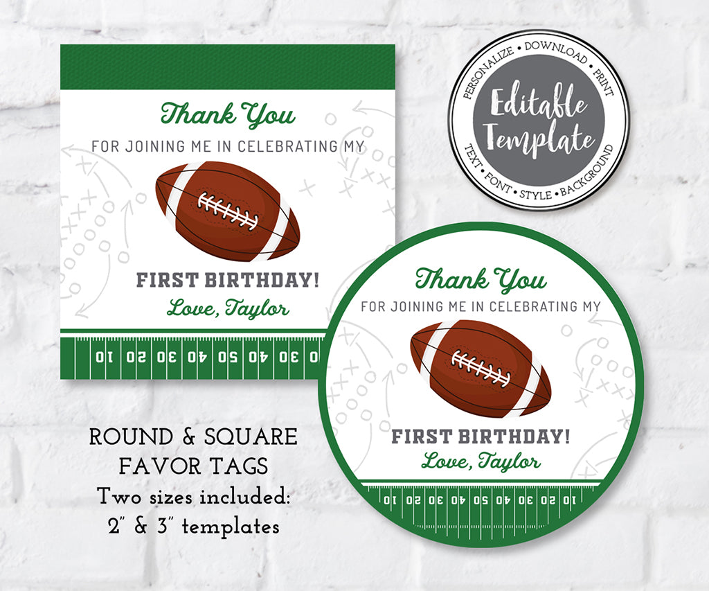 Football first birthday round and square favor tag editable template.