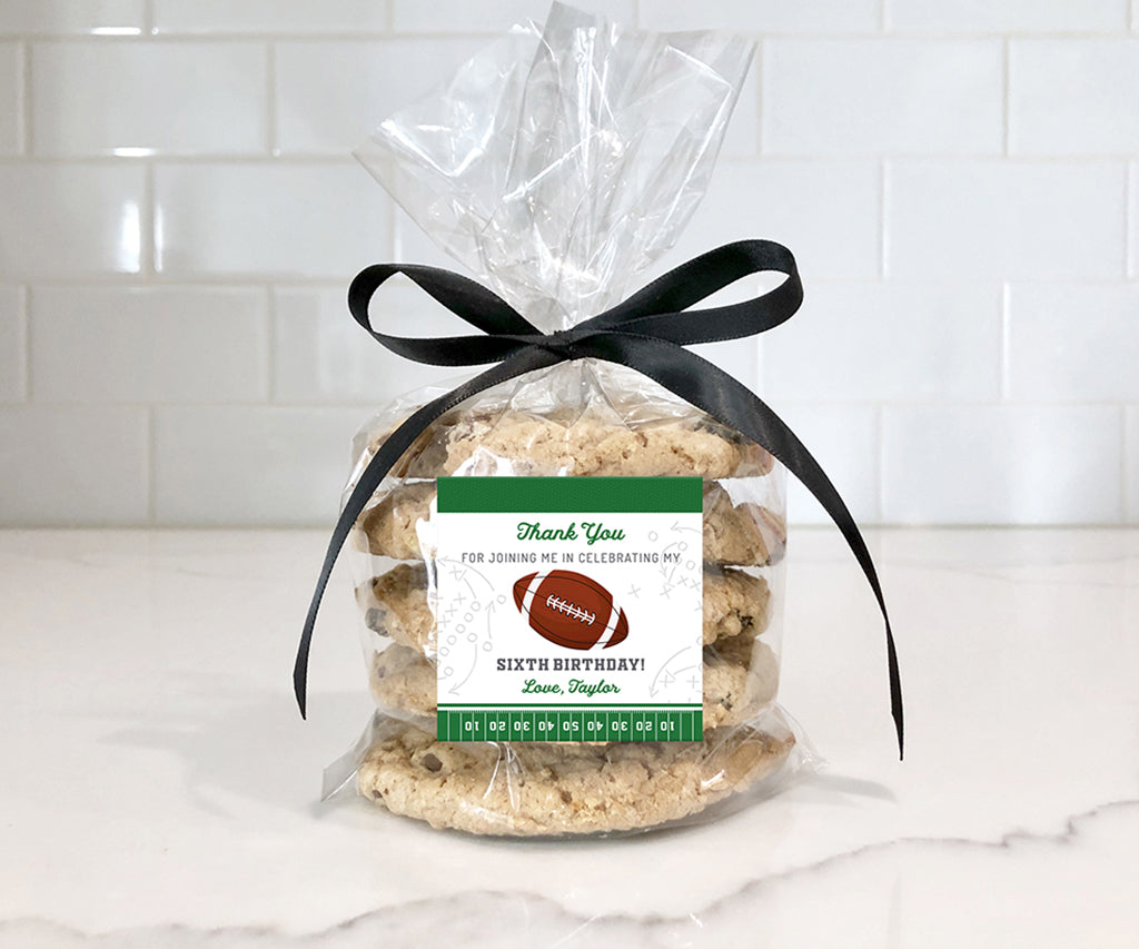 Football birthday square favor label.