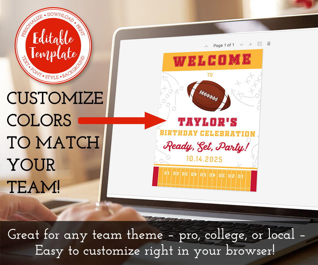 Laptop computer with football birthday welcome sign edited with custom colors to match your team.