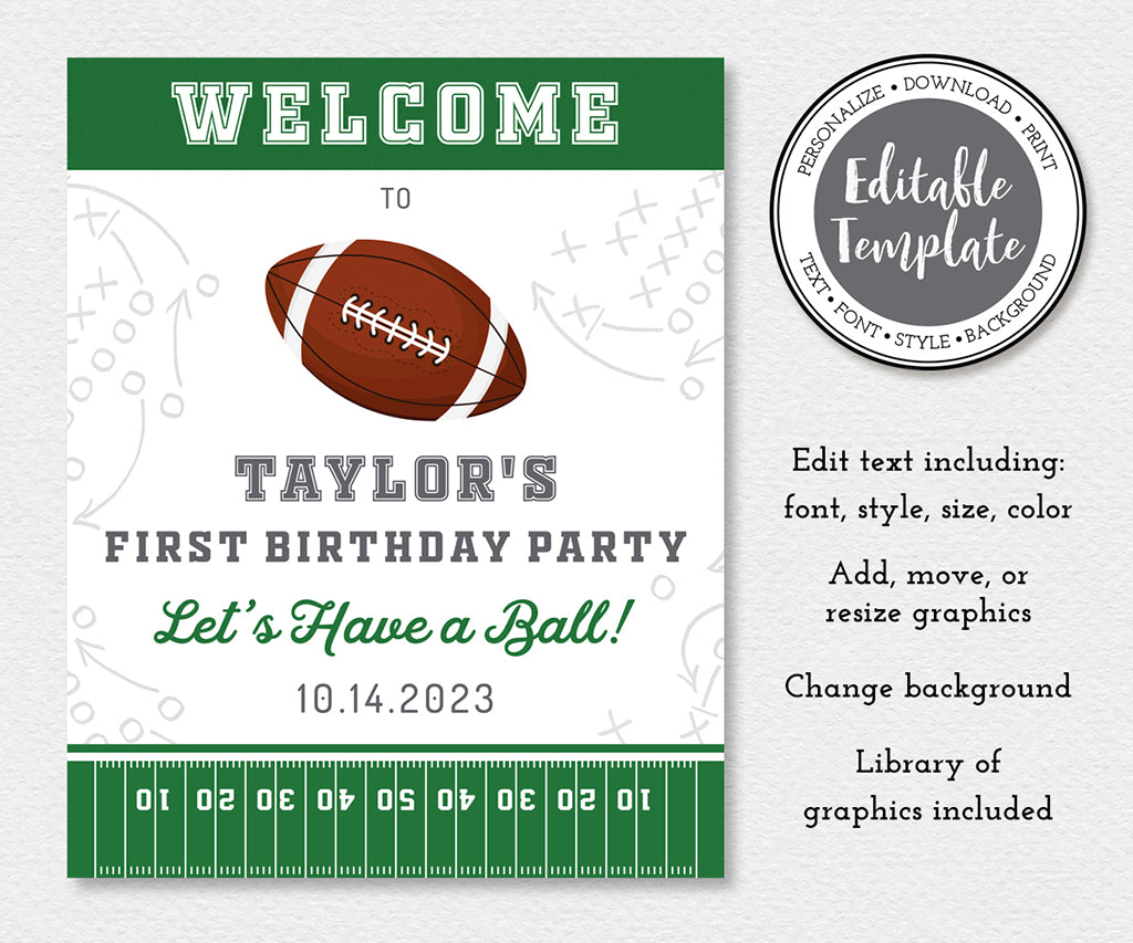first birthday football welcome sign editable template.