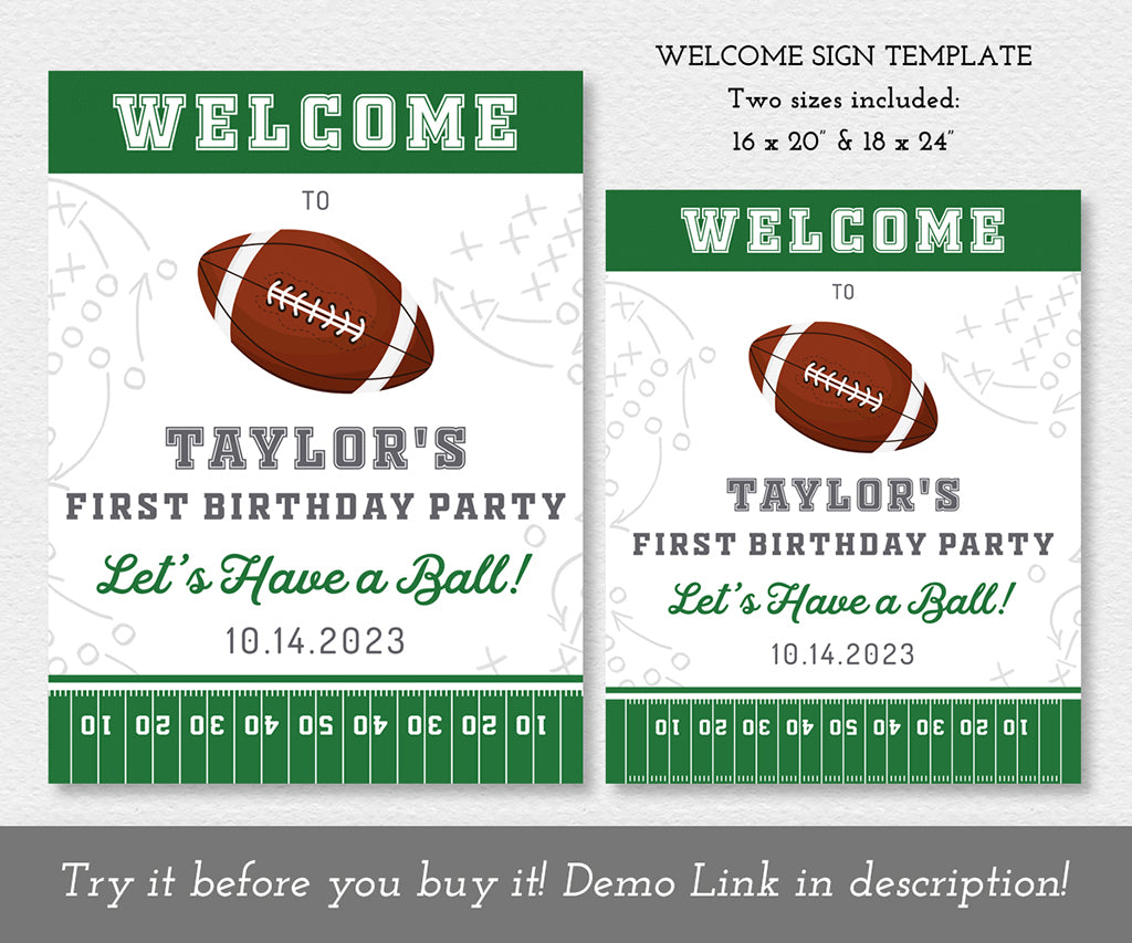 first birthday football welcome sign templates, 18 x 24 & 16 x 20.