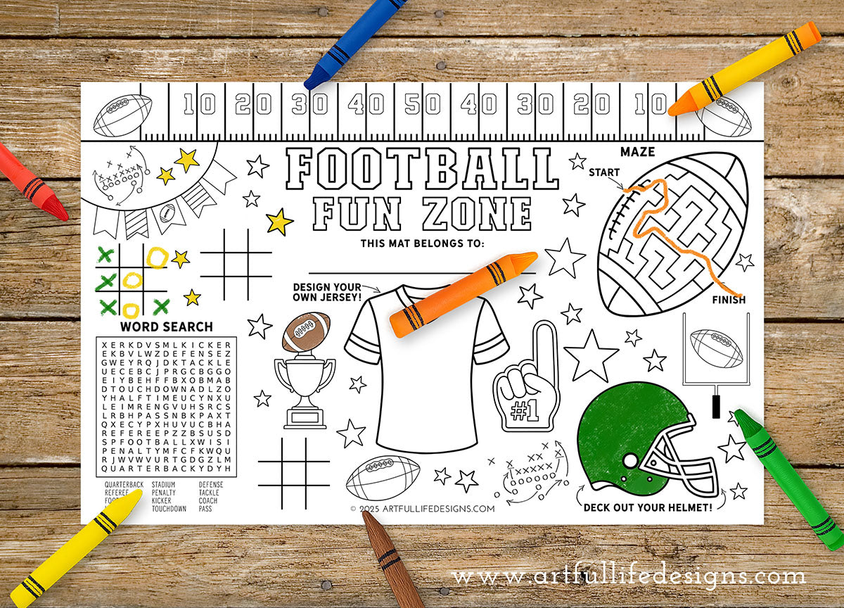 Football coloring and activity printable mat from Artful Life Designs.