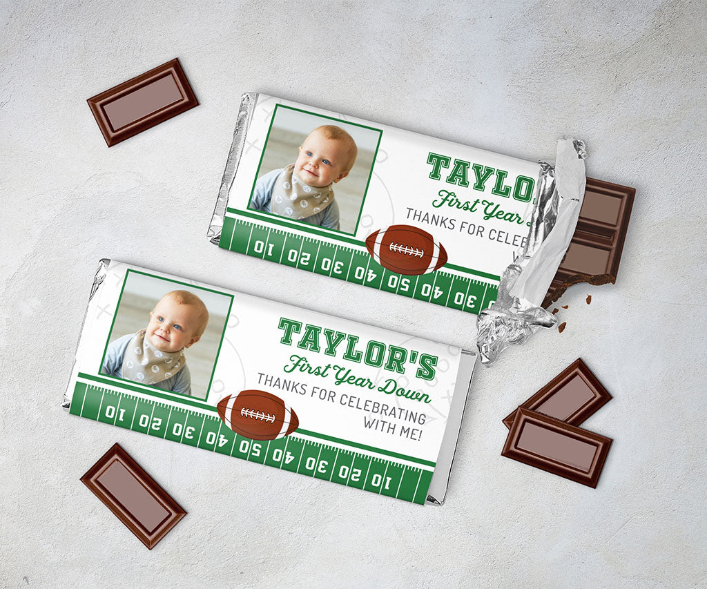 Football first birthday candy bar wrappers.