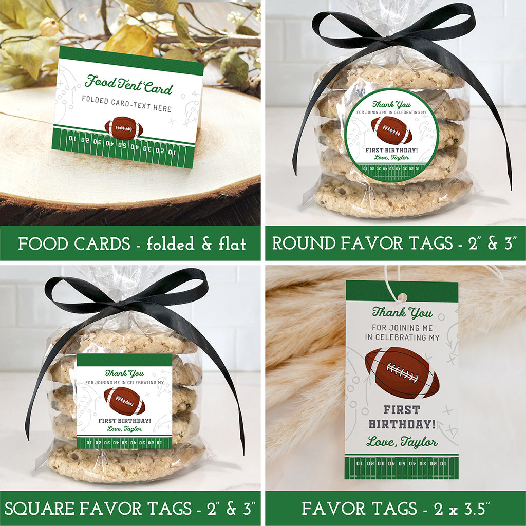 Football first birthday printable templates, favor tags and food cards.