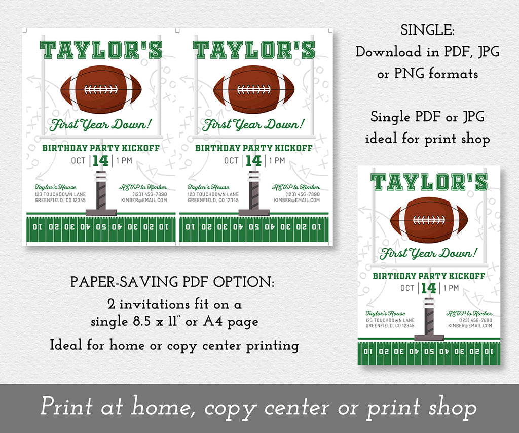 download options for football first year down birthday invitation