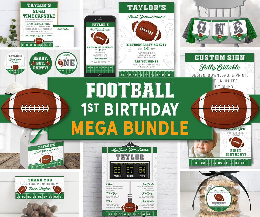 Football first birthday, first year down, mega bundle of printables and editable templates.