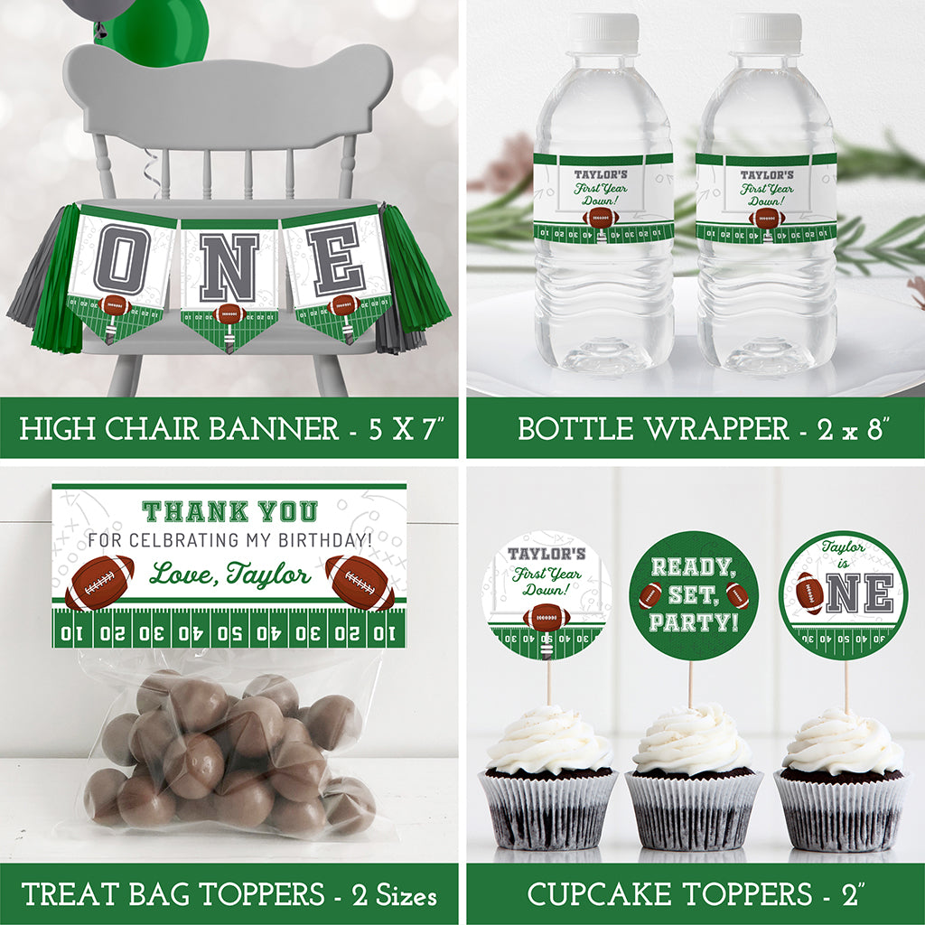 Football 1st birthday printables, banners, labels and toppers.