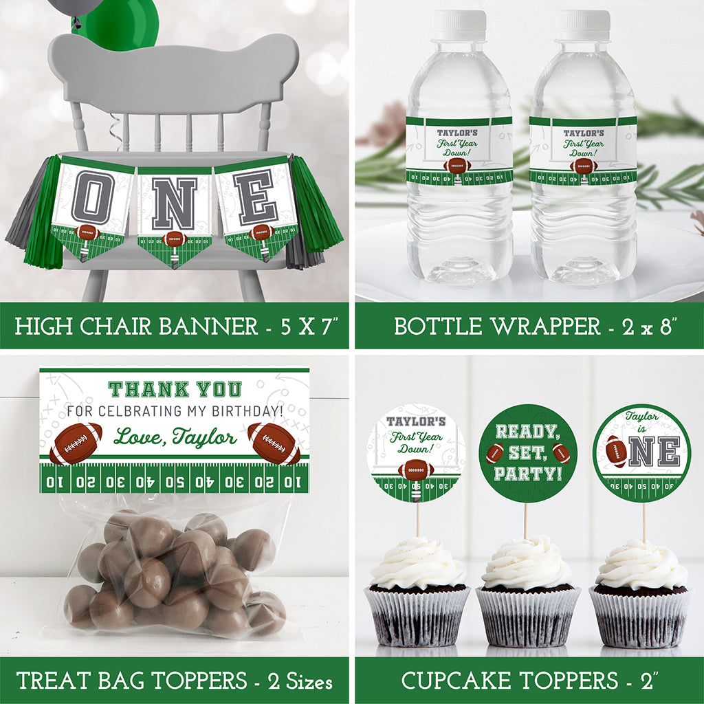 Football 1st birthday printables, banners, labels and toppers in green and gray.
