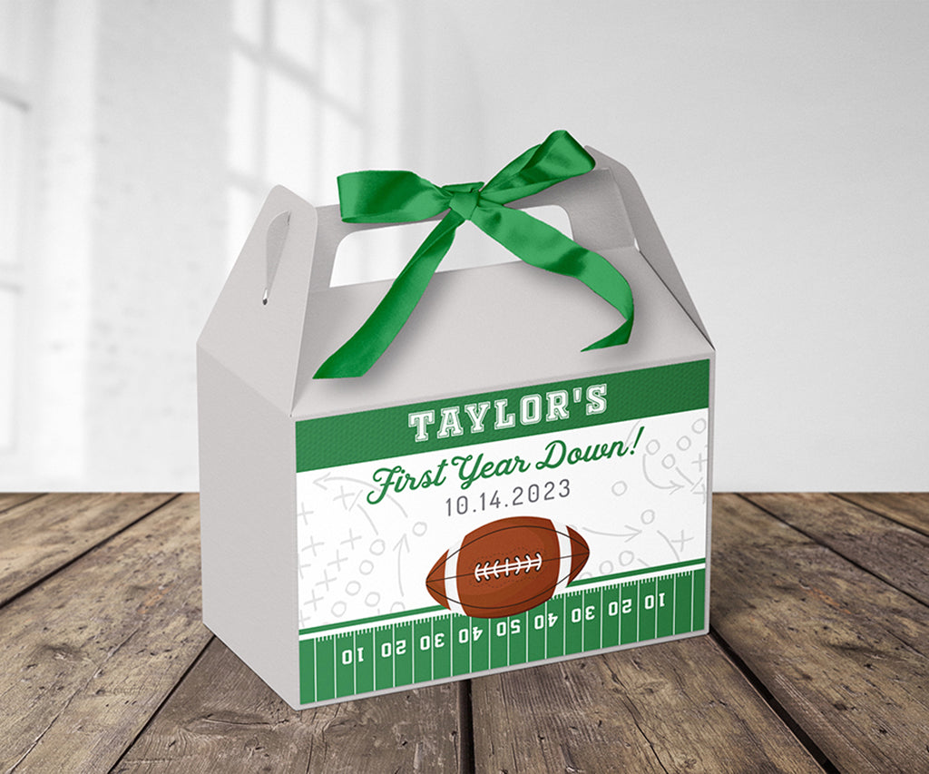 Football first birthday gable box label.