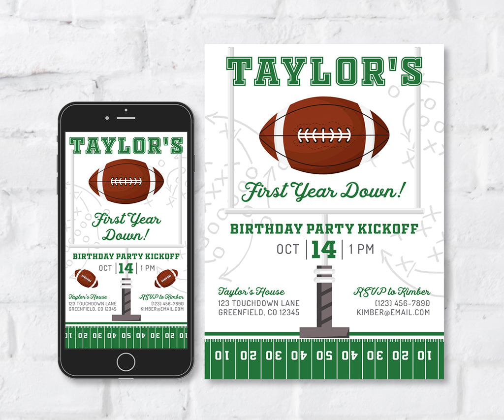 First year down 1st birthday football invitation and smartphone digital invite with goal post and football.