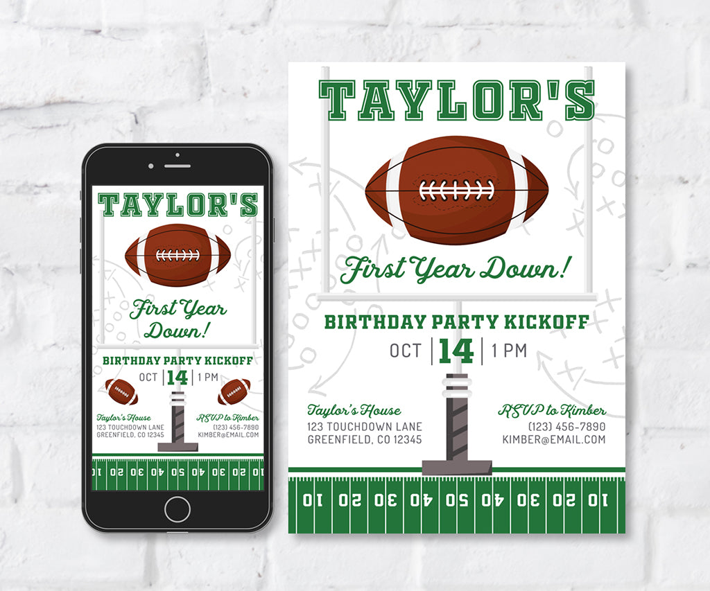 football first year down birthday invitation and smartphone evite