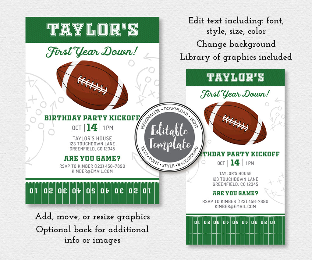 First year down football birthday invitation and evite in green and gray editable templates.