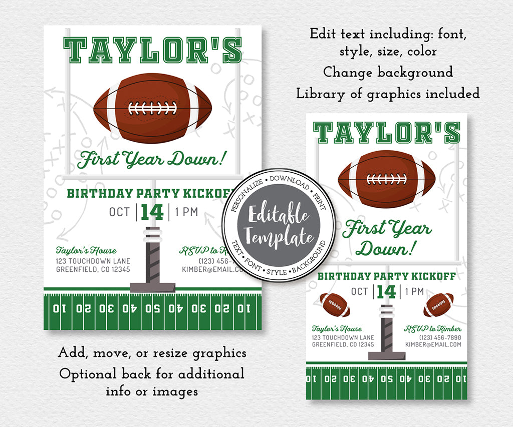 First year down 1st birthday football invitation and smartphone digital invite with goal post and football editable templates.