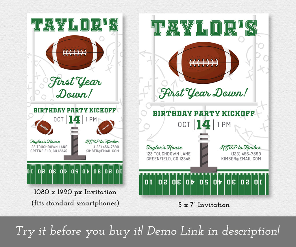 First year down 1st birthday football 5x7 invitation and smartphone digital invite with goal post and football in green and gray.