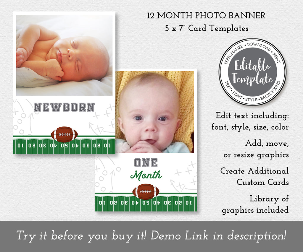 Football first year birthday 12 month photo banner editable template.