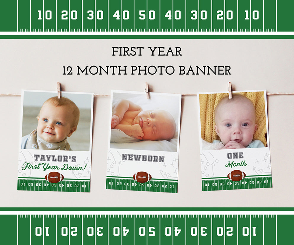 Football first year birthday 12 month photo banner.