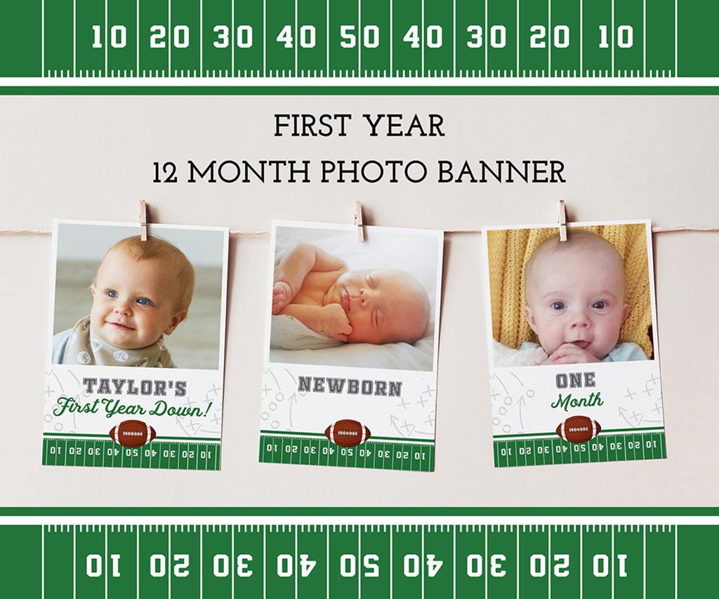 Football first birthday 12 month photo banner.