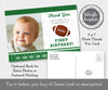 Football first birthday photo thank you card editable template shown front and optional back for postcard mailing address.