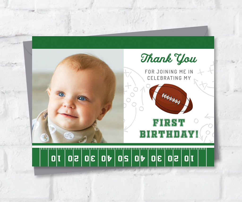 Football first birthday photo thank you card.