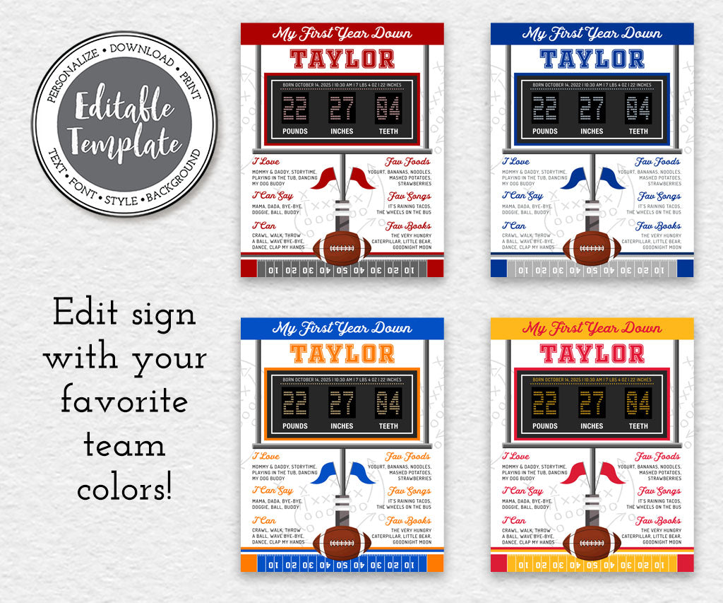 Football birthday milestone sign editable template in popular team colors.