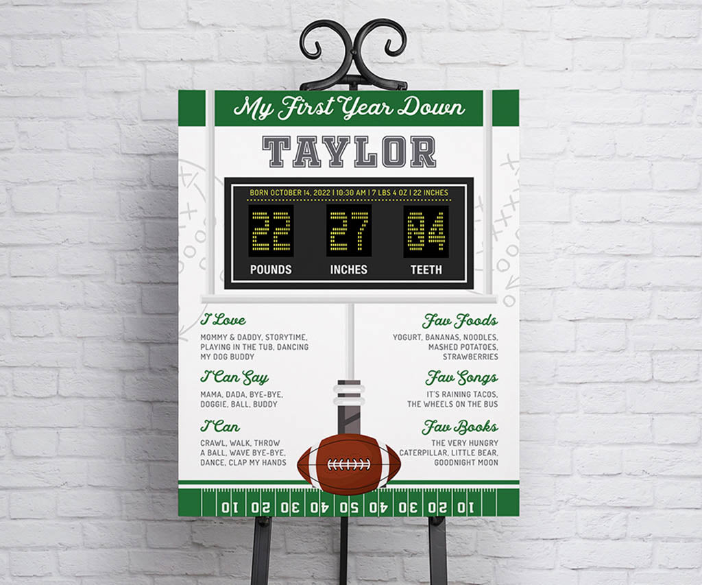 Football first year down milestone sign.