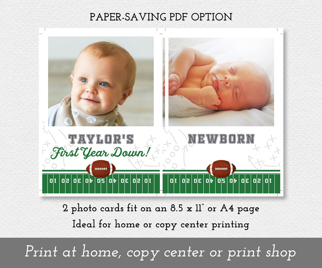 Paper saving download option for football milestone photo banner, 2 cards on a sheet.