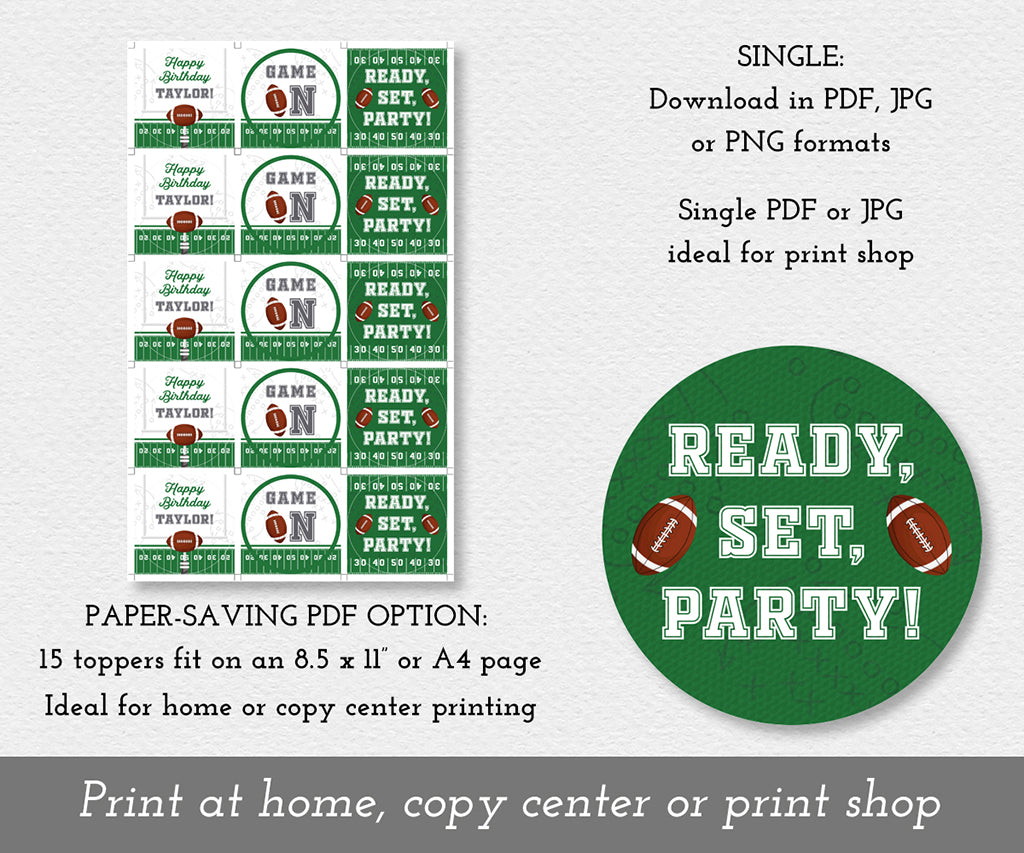 Download options for football round cupcake toppers, single or sixteen on a sheet.