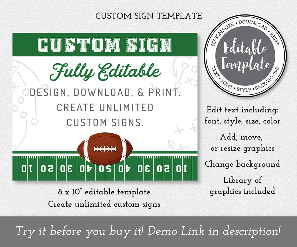 10 x 8 landscape custom football party sign editable template in green and gray.