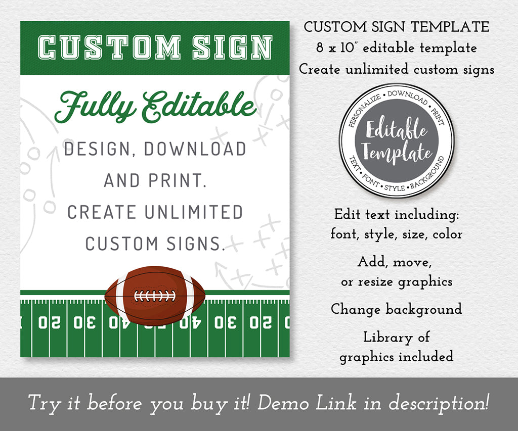8 x 10 inch football custom party sign editable template.