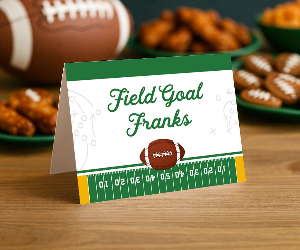 Football party food buffet table folded tent card for field goal franks.