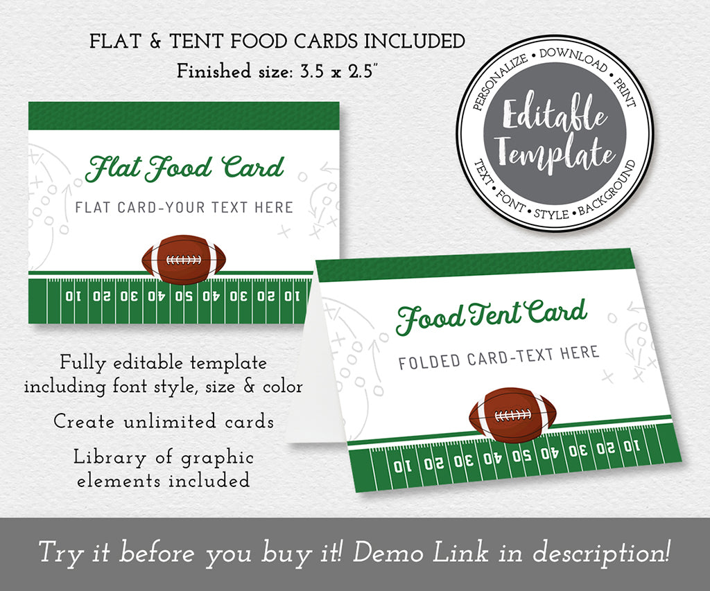 Flat and folded football food card editable templates.