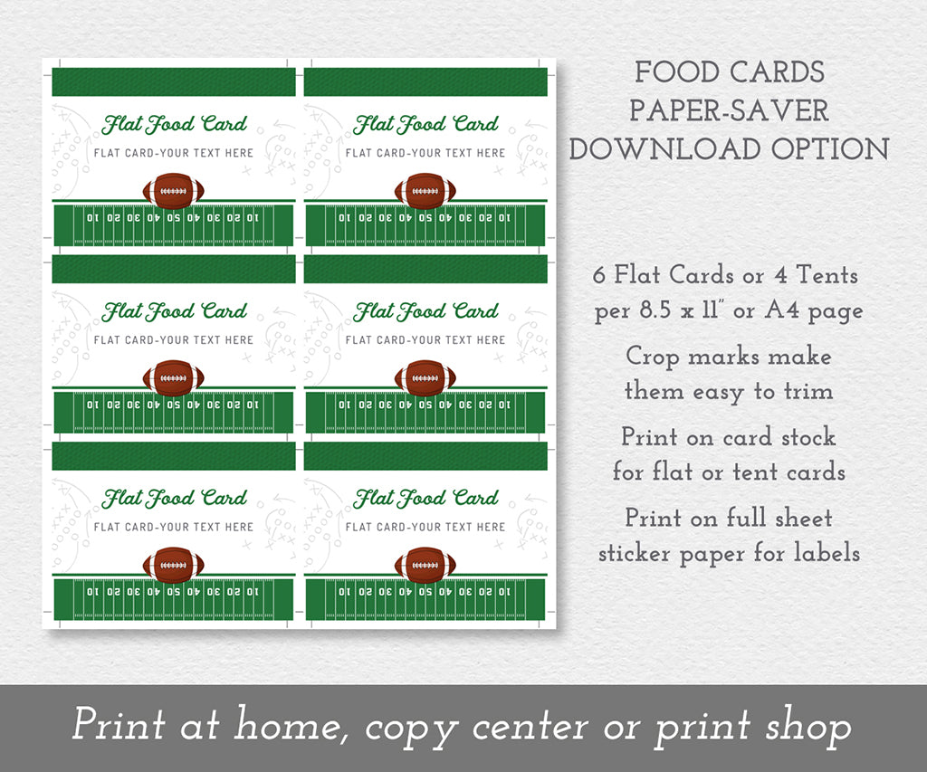Paper saving download option for football food labels on a full sheet.