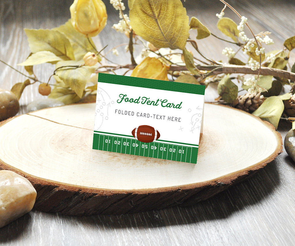 Football party food tent card in green and gray.