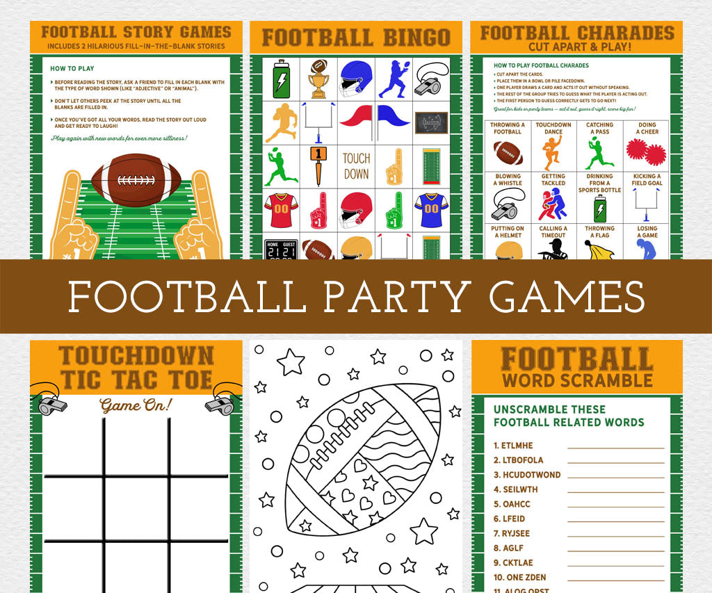 Football party games collection: stories, bingo, charades, tic tac toe, word scramble, and coloring pages.