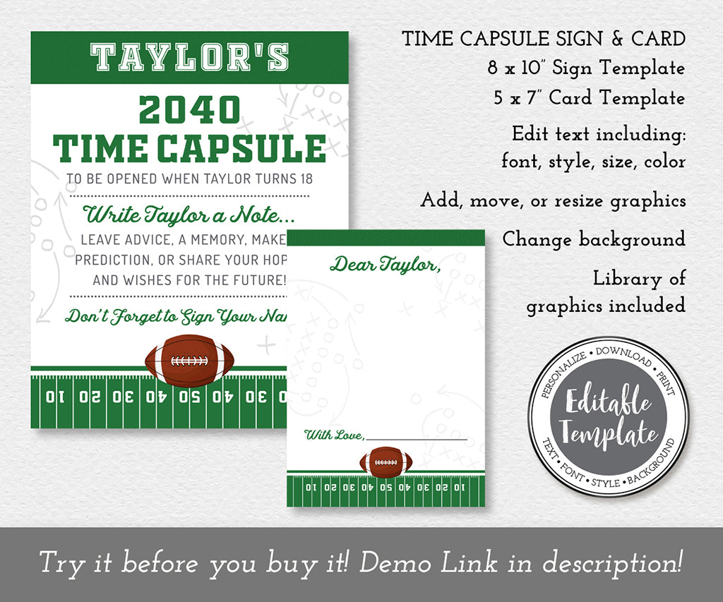 Football theme time capsule sign and message card editable templates for a first birthday party.
